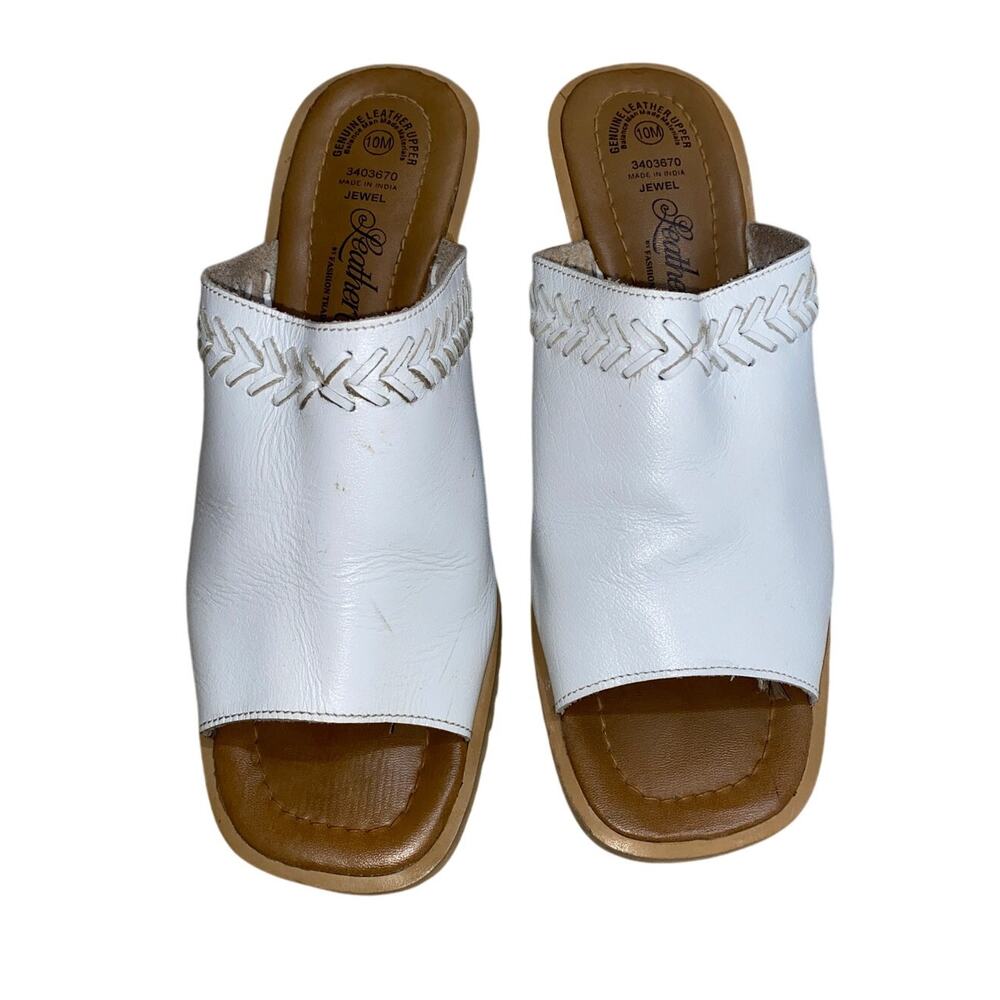 Leather Craft Jewel White Leather Wedge Mules Sandals Size 10M Whipstitch Boho - Picture 2 of 9